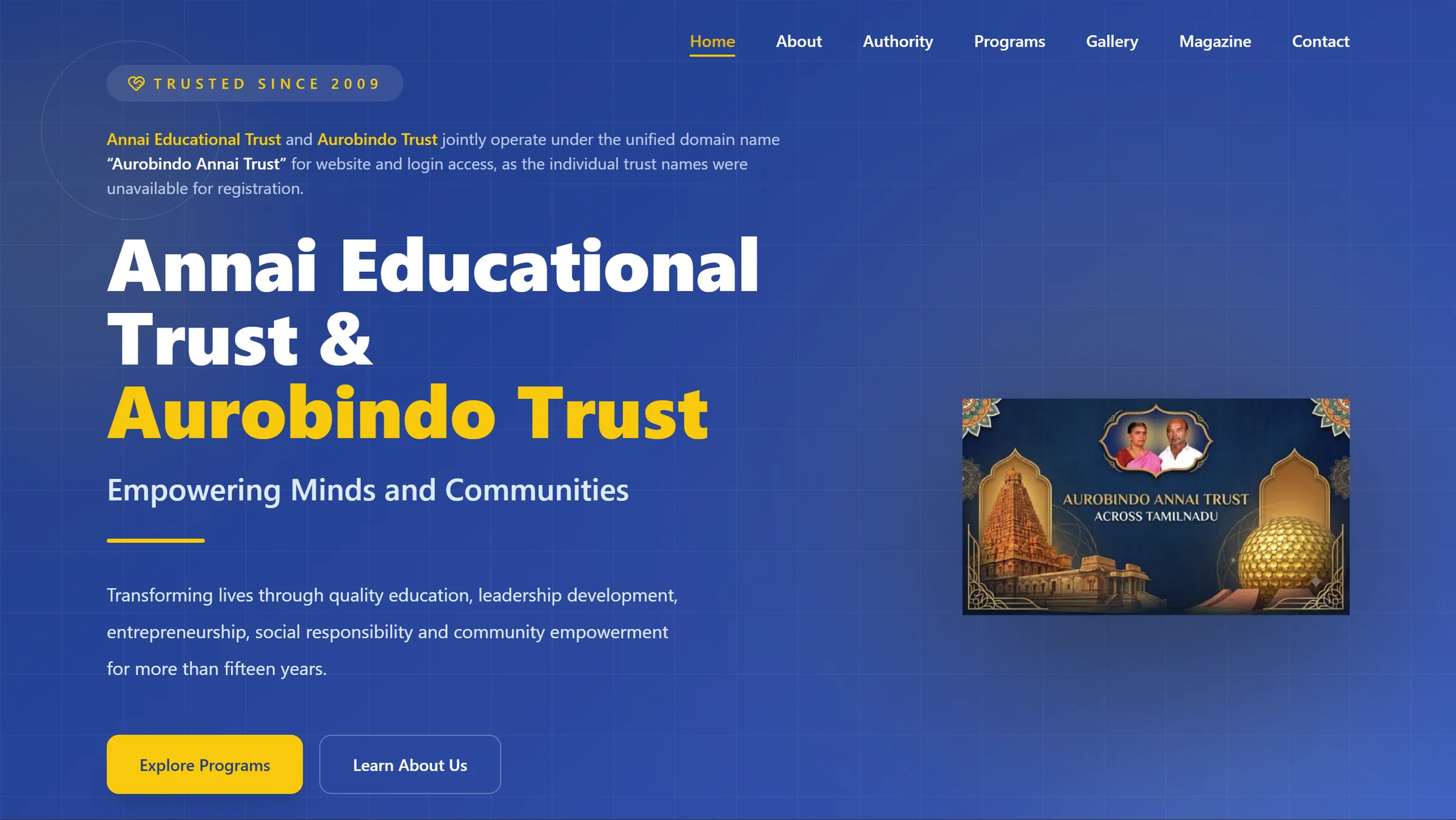 Aurobindo Annai Trust homepage: a deep blue hero introducing Annai Educational Trust and Aurobindo Trust, with navigation for About, Authority, Programs, Gallery and Magazine.