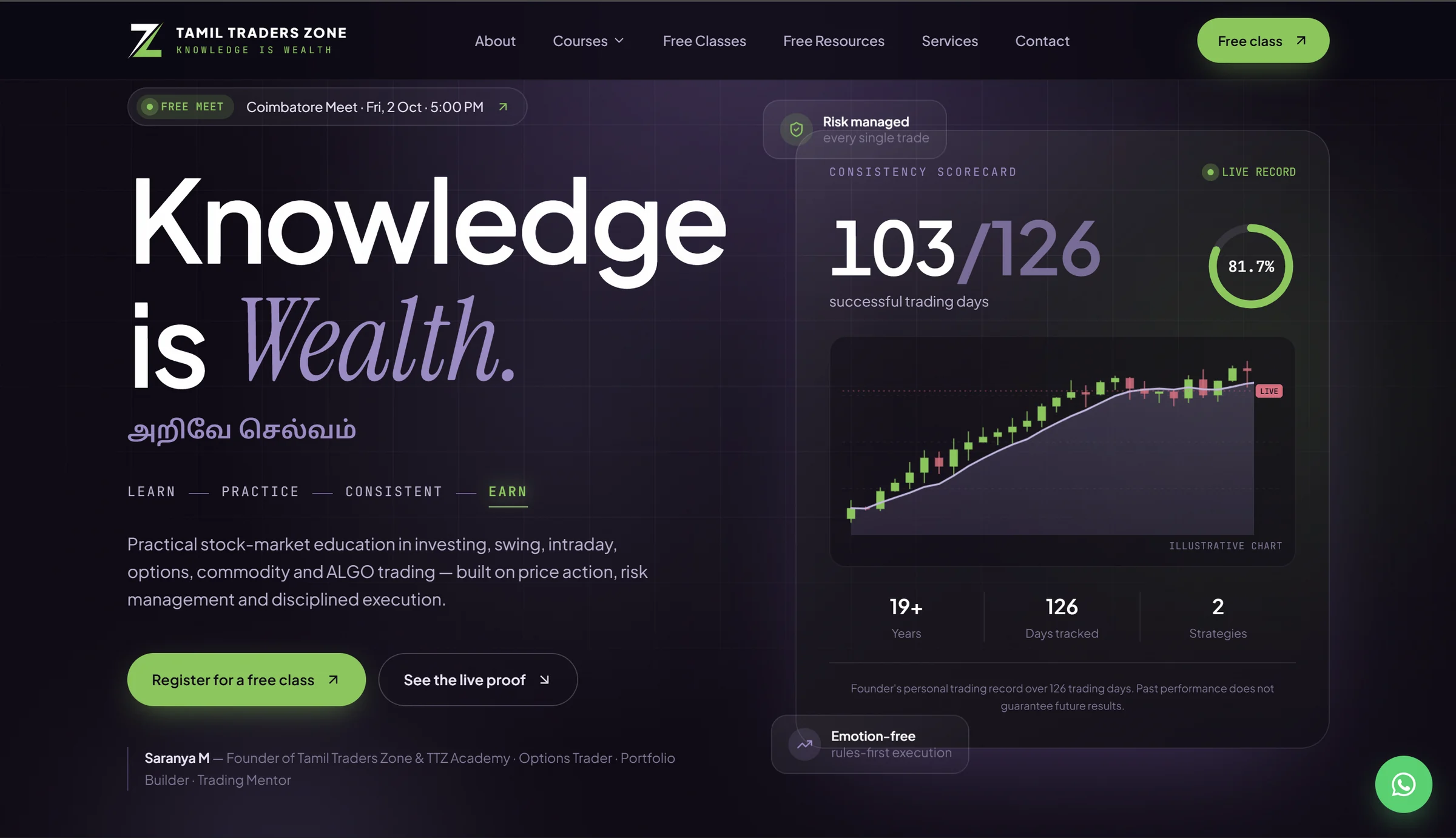 Tamil Traders Zone homepage: the bilingual headline “Knowledge is Wealth” with its Tamil translation, a free-class registration button and a dashboard-style panel with an illustrative chart.